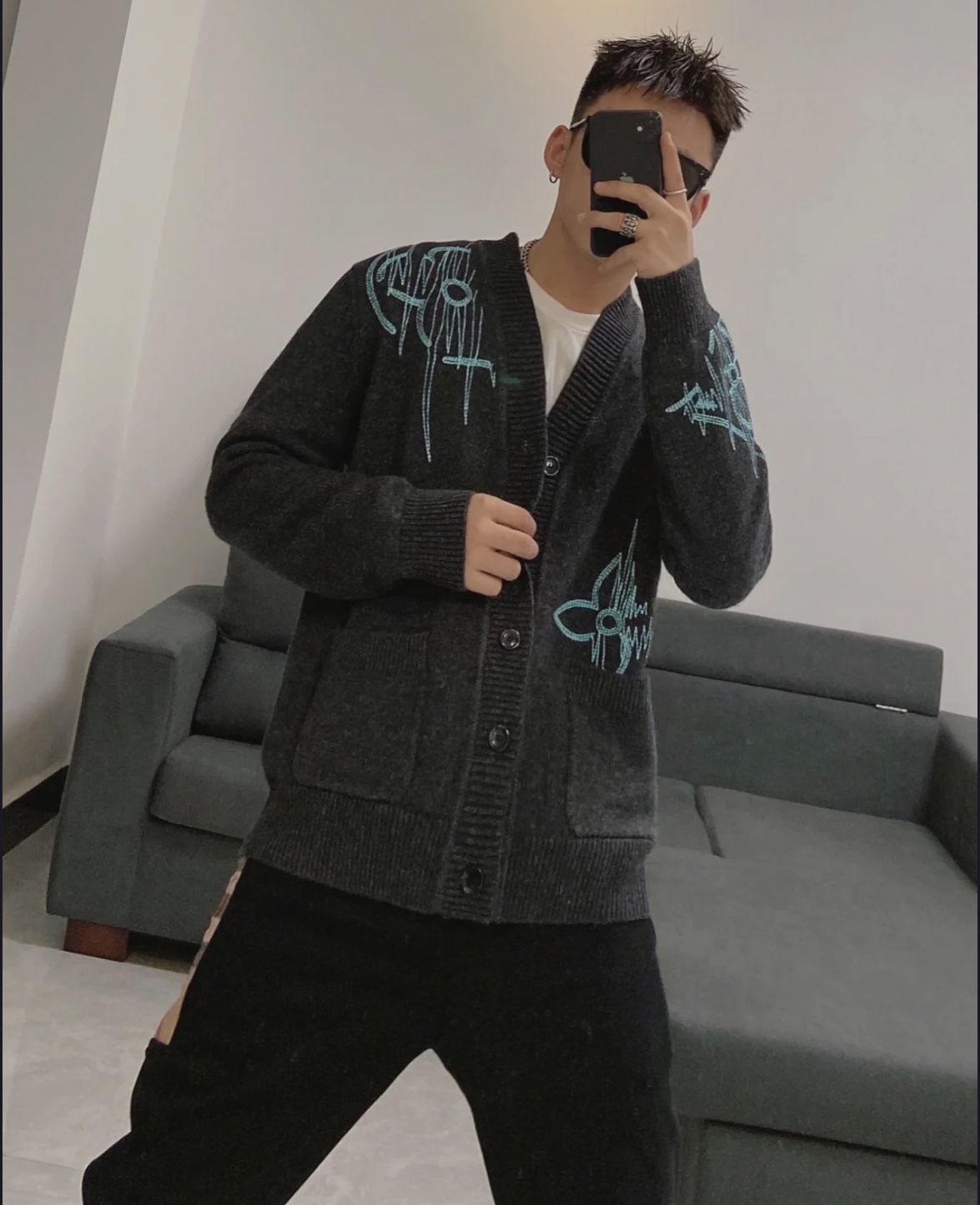 L-VxFREQUENCY Irregular Embroidered Mohair Cardigan