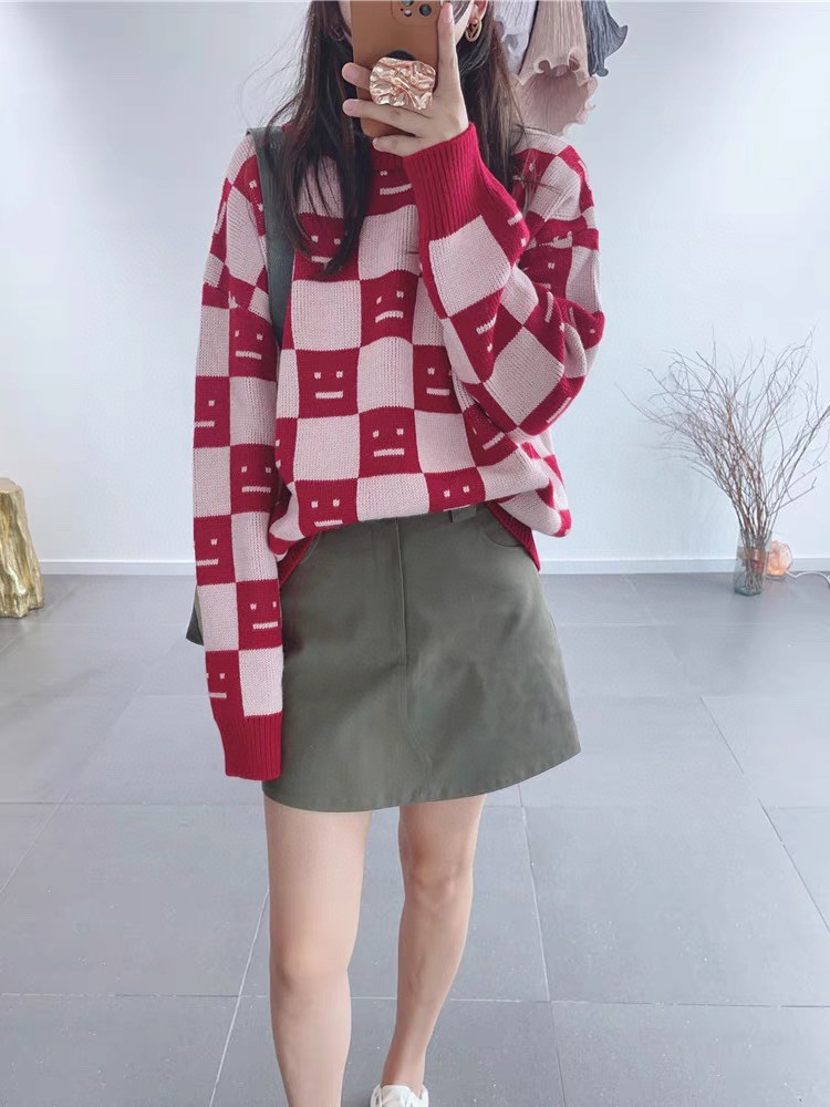 22S SACNE STUDIOS Checkerboard Square Smiley Crew Neck Sweater