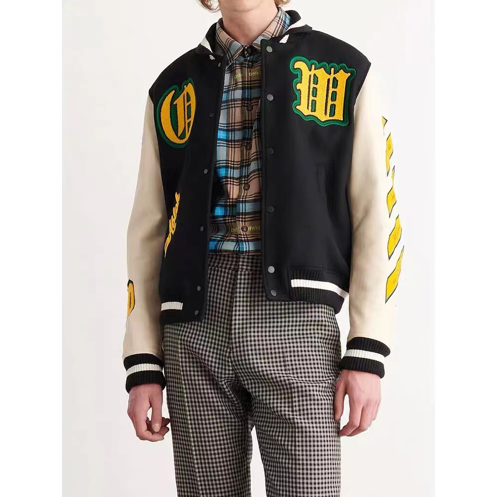OW22FW multi-icon badge wool woolen stitching jacket thickened cotton baseball uniform jacket