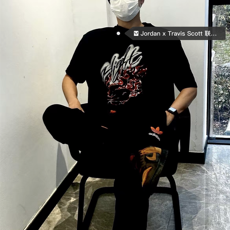 Travis Scott Flame printing water drill round collar and short sleeves