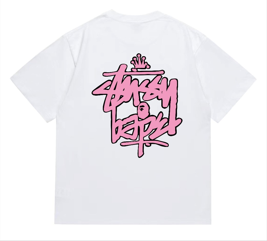 BAPE×Stuss! Pink Color logo lettering Tee