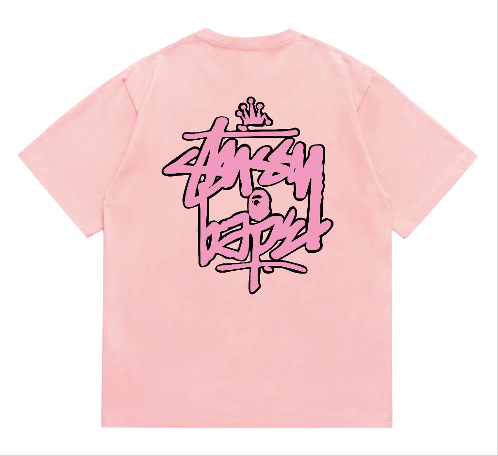 BAPE×Stuss! Pink Color logo lettering Tee