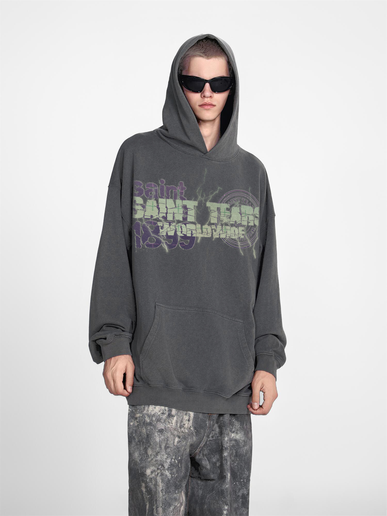 Saint Mich@el tears washed distressed salt-treated 400g heavy-weight vintage terry cloth hoodie in gray