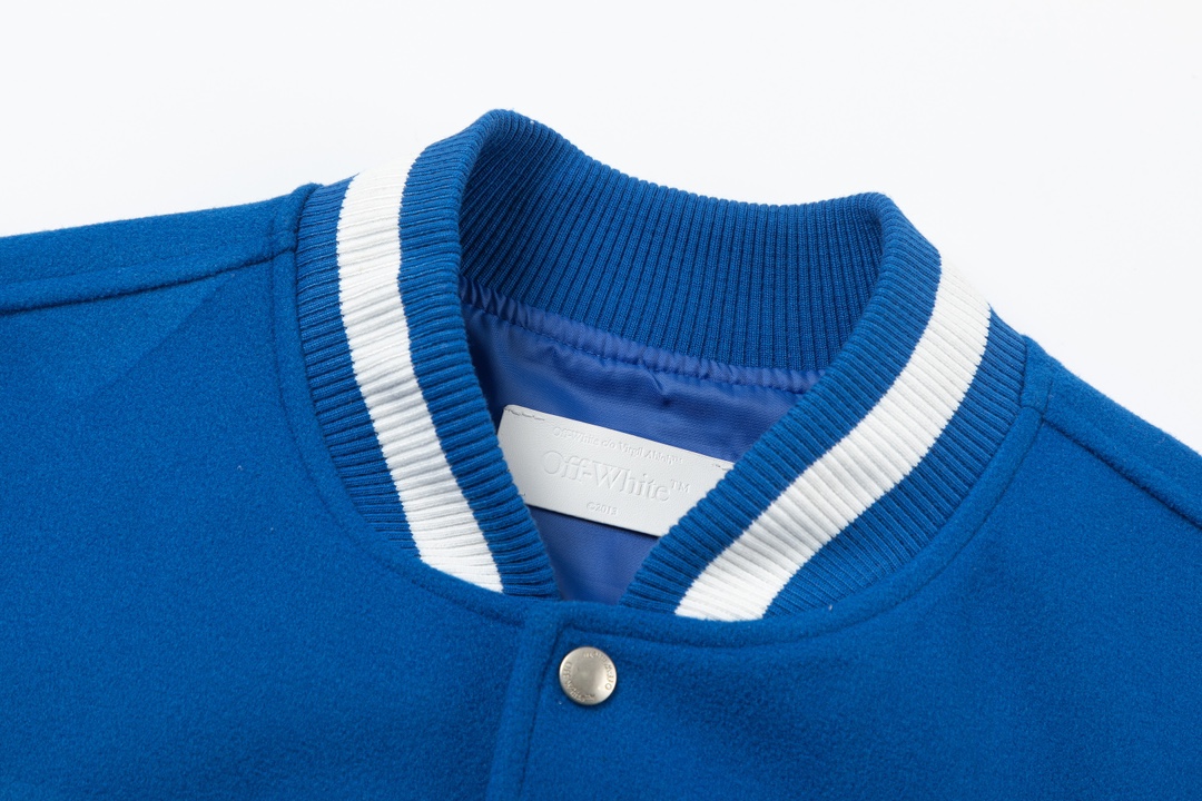 Off-White 2024 Fall/Winter new heavy embroidery rhinestone patchwork leather varsity jacket in blue, unisex