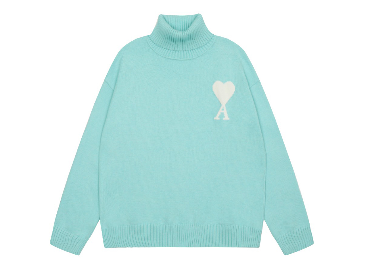 Am1 2024SS classic lake green jacquard big heart turtleneck sweater
