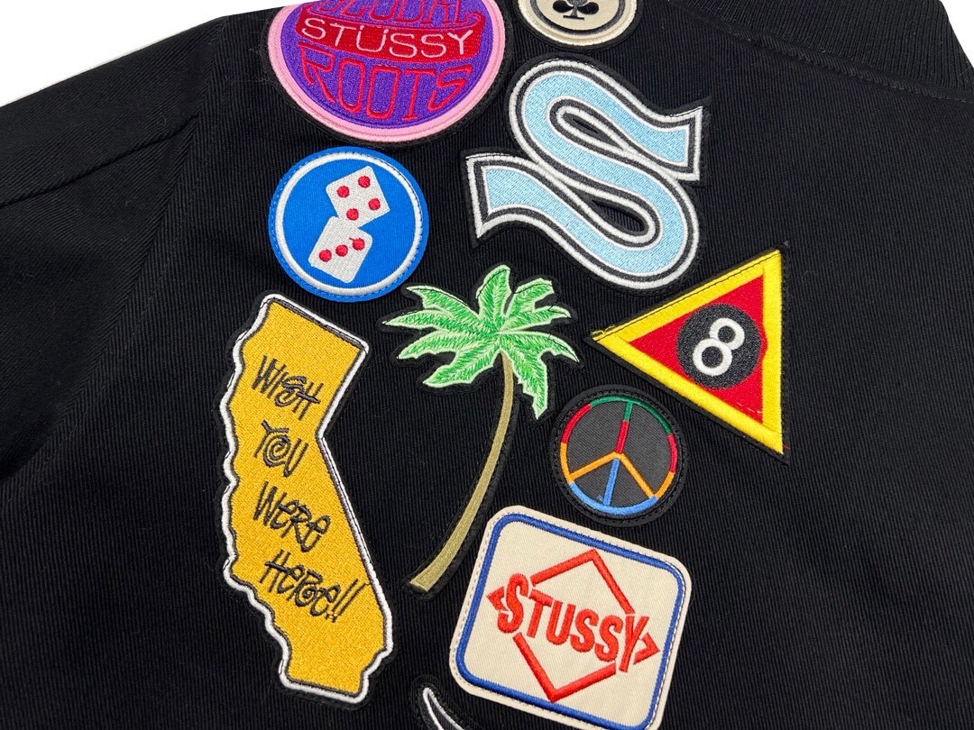 Stussy appliqué graphic print single-breasted logo stand-collar varsity jacket