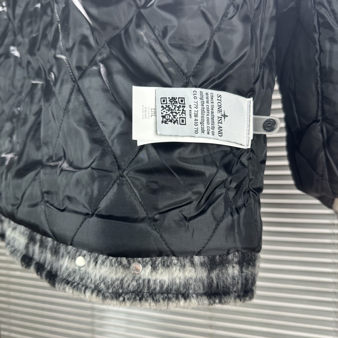Stone 1sland Black and White Checkered Wool-cotton Padded Jacket